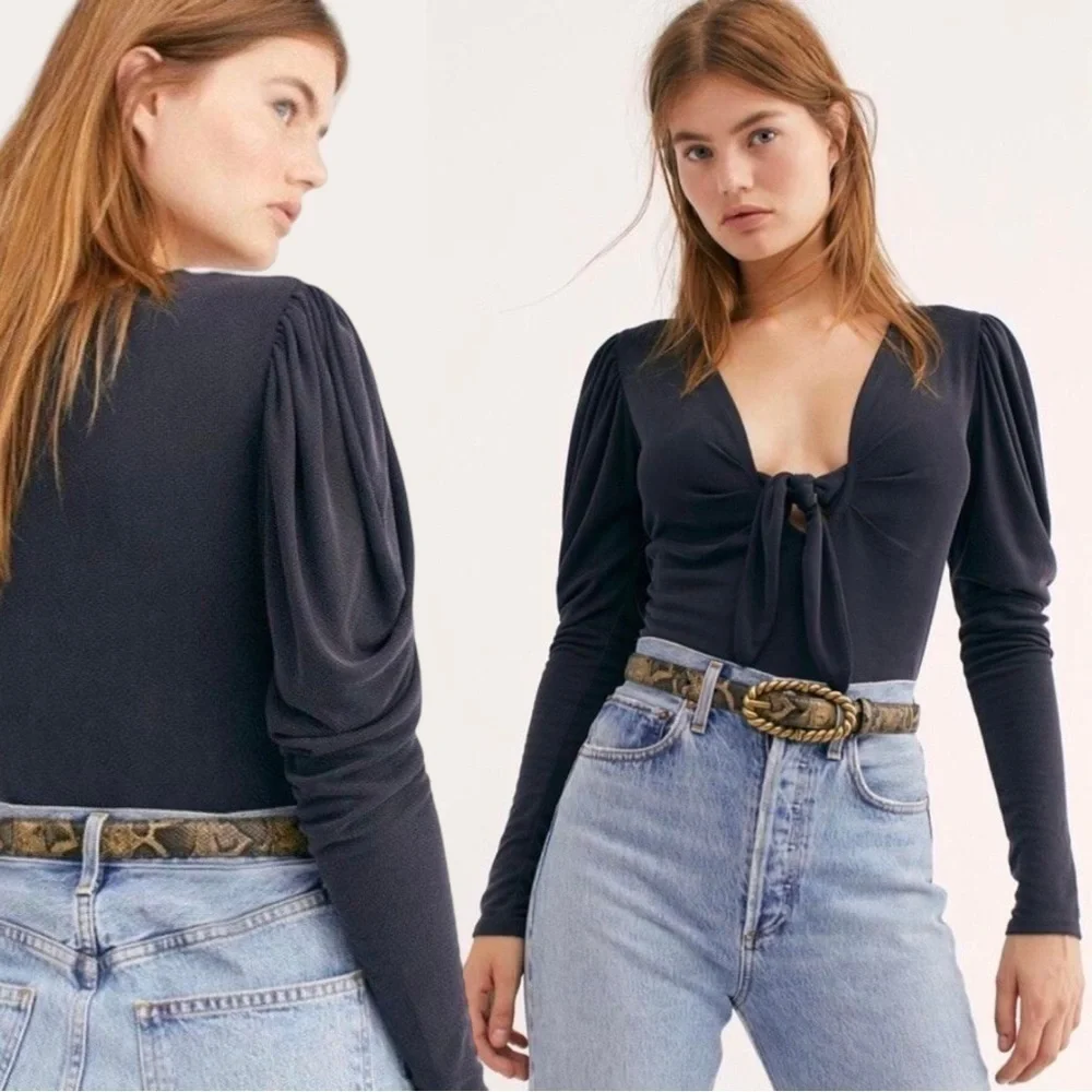 Free People Tie The Knot Top Ribbed Puffed Long Sleeves Black Size XS NEW